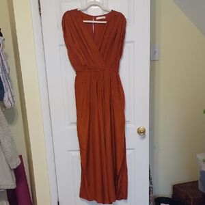 Mustard Seed Sz M,Terracotta, Silk Like Jumpsuit. Elasticized Waist. Feminine